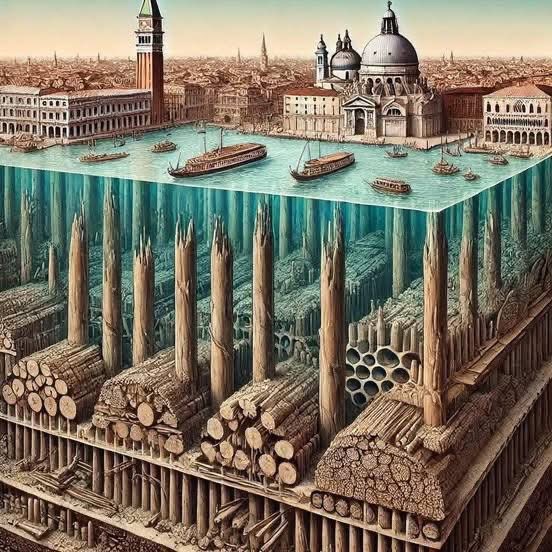 The City That Refuses to Sink… What Lies Beneath Venice Will Shock You
Beneath the beauty of Venice lies a secret that sounds almost impossible. This entire city—its churches, towers, and homes—does not stand on solid ground. Instead, it rests on millions of wooden tree trunks driven deep into the soft mud of the lagoon over 1,500 years ago.
Back in 421 AD, there was no steel, no concrete—only raw ingenuity. Builders used mostly alder wood, along with some oak, and hammered these trunks tightly into the seabed, creating what can only be described as a hidden underwater forest. Each pile was placed just half a meter apart, forming a dense and powerful base stretching several meters below the surface.
