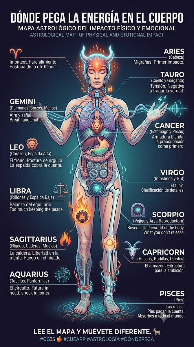 MycoWazon's tweet photo. DÓNDE PEGA LA ENERGÍA EN EL CUERPO #GG33ESPAÑOL 🍊 #CUEAPP #ASTROLOGÍA
#ARIES El casco. Cabeza, cráneo, rostro, el primer impacto. Migrañas, lumbre en la cabeza, “luego pienso”.
#TAURO El collarín. Cuello, garganta, voz, la cerradura que no gira. La tensión se queda donde te niegas a tragar la verdad.
#GÉMINIS Los tubos gemelos. Pulmones, brazos, manos, el aire y la señal. El aliento y la plática queman el mismo fusible.
#CÁNCER El tanque. Estómago, pecho, la armadura blanda. La preocupación se alimenta primero; la comida es sólo la coartada.
#LEO El trono. Corazón, columna, espalda alta. El orgullo mantiene la postura hasta que la espalda te pasa la factura.
#VIRGO El filtro. Tripas, intestinos, la máquina clasificadora. Si los detalles vienen sucios, la digestión se da cuenta antes que tú.
#LIBRA La balanza. Riñones, espalda baja, los órganos del equilibrio. Tanto "llevar la fiesta en paz" se te fuga por la cintura.
#ESCORPIO La bóveda. Vejiga, corriente reproductiva, el inframundo del cuerpo. Lo que no sueltas se queda estancado en el agua.
#SAGITARIO La caldera. Hígado, cadera, muslos, el motor de largo alcance. Libertad en la mente. Fuego en el hígado.
#CAPRICORNIO El armazón. Huesos, rodillas, dientes, la estructura que aguanta la subida. La ambición camina sobre calcio. No descuides el andamio.
#ACUARIO El circuito. Tobillos, pantorrillas, circulación, el cableado raro. El futuro vive en tu mente. La descarga truena en las articulaciones que dan el paso.
#PISCIS Las raíces. Pies, linfa, la última parada antes del suelo. Absorbes a todo el mundo. Los pies pagan la cuenta.
El signo te muestra la bisagra floja. El camino de vida te enseña cómo usarla. No le rindas culto a la herida: lee el mapa y muévete diferente. 🐐