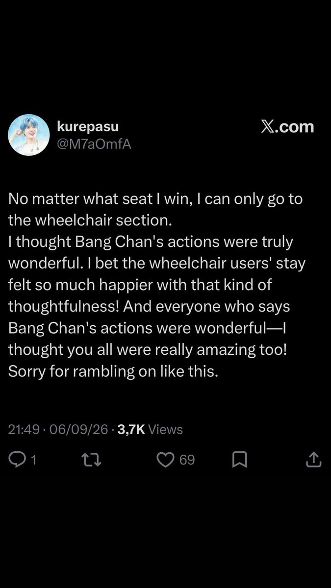 BangChanDiv's tweet photo. J-STAYs express their gratitude and admiration for Bang Chan for his respectful gestures towards STAYs in the wheelchair section during the latest concert in Nagoya: 

#BangChan #방찬 #バンチャン https://t.co/Zp4zBNdMVg