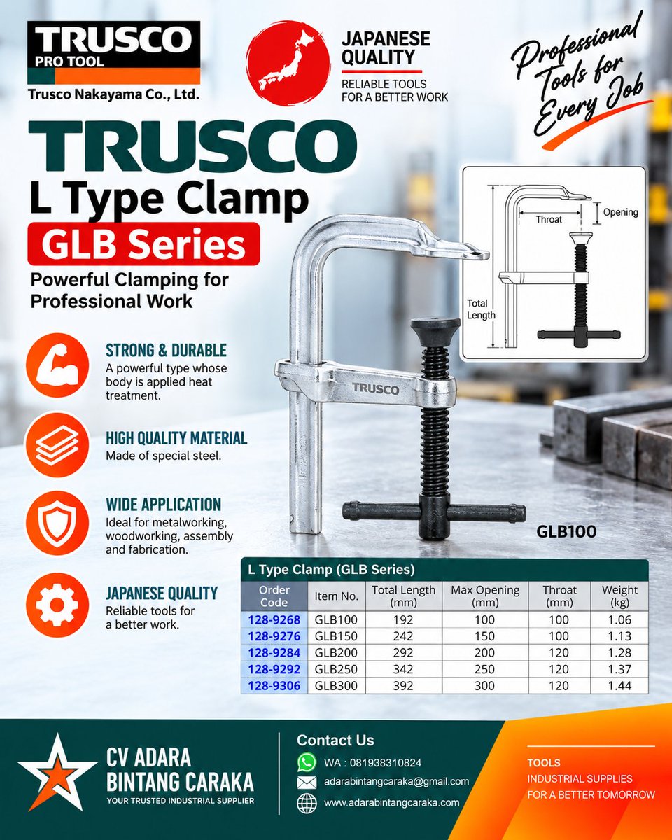 EkaputraPra's tweet photo. TRUSCO L Type Clamp Lightweight Type GLB Series
TRUSCO L Type Clamp Lightweight Type.
TRUSCO L Type Clamp Standard Type
#trusco #adarabintang
Supply by CV Adara Bintang Caraka
WA : 081938310824
Website : https://t.co/pZKGcSl5rp https://t.co/9GTsYLubYW