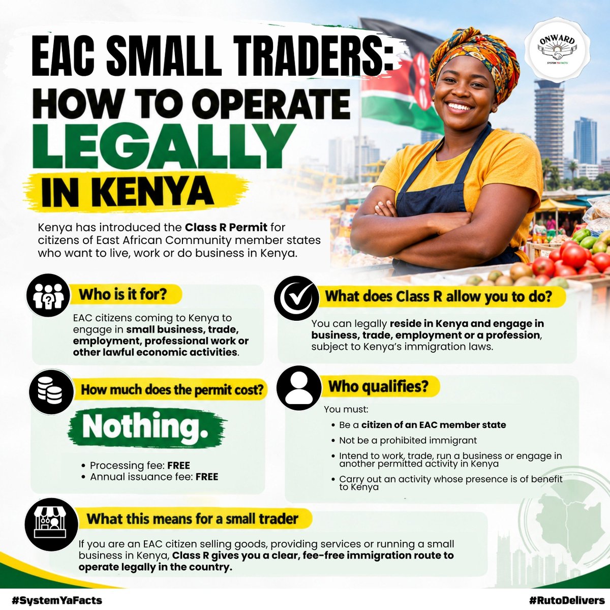 ungoverned_mind's tweet photo. Kenya continues to support EAC integration. Class R makes it easier for EAC citizens to work, trade and do business legally in Kenya—and the permit is FREE. #EACSmallTradersPermit
Operate Legally InKenya https://t.co/Vbpx9PK7AR