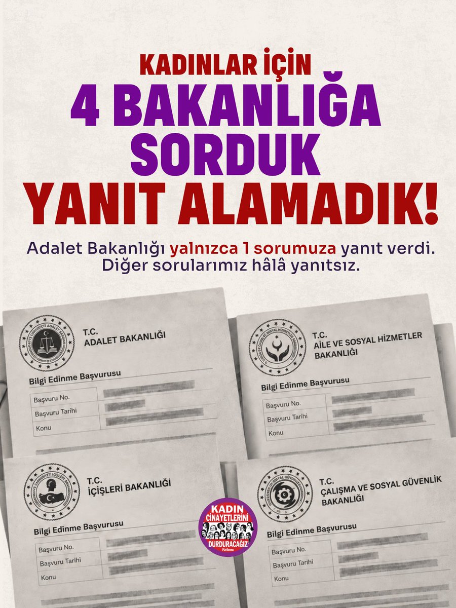 kcdplatformu's tweet photo. AYM, süresiz nafaka düzenlemesinin iptaline karar verdiğinde dört bakanlığa bilgi edinme başvurusunda bulunduk:

Bu kararın kadınların hayatında yaratacağı sonuçlara ilişkin elinizde tek bir veri, araştırma ya da etki analizi var mı?

Aradan iki ay geçti. Adalet Bakanlığı yalnızca bir sorumuzu yanıtladı; Aile ve Sosyal Hizmetler, Çalışma ve Sosyal Güvenlik ve İçişleri Bakanlıkları ise başvurularımızı yanıtsız bıraktı.

Kadınların hayatı hakkında verisiz, araştırmasız ve kadınların görüşü alınmadan karar verilemez.

Elinizde veri varsa açıklayın; yoksa kadınların nafaka hakkını hedef alan düzenlemelerden vazgeçin!