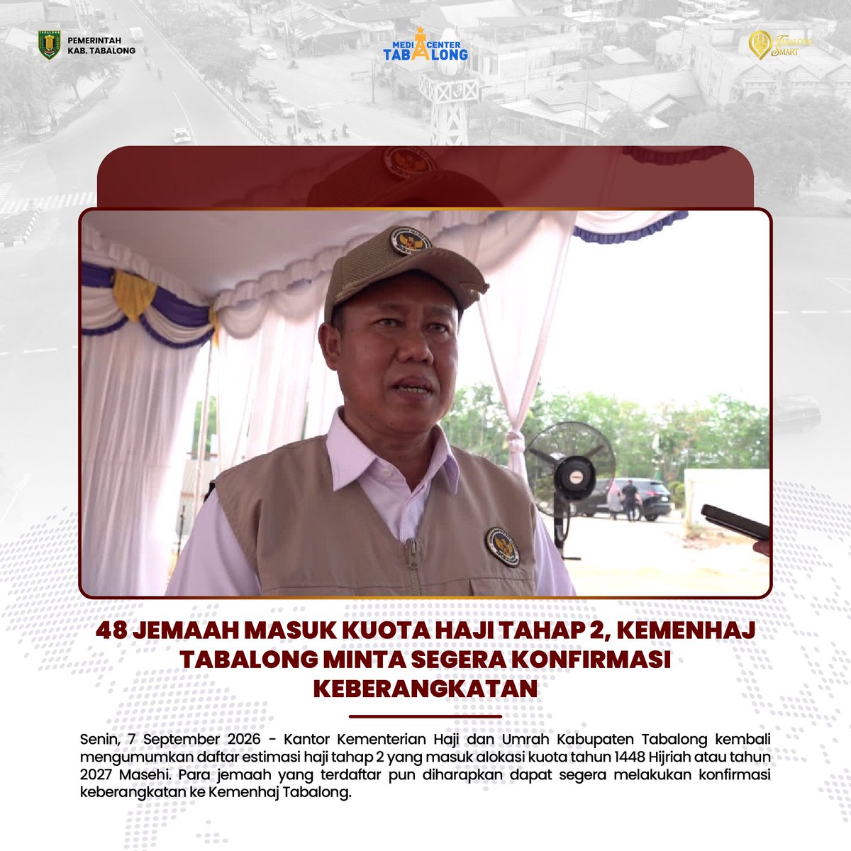 mc_tabalong's tweet photo. 48 Jemaah Masuk Kuota Haji Tahap 2, Kemenhaj Tabalong Minta Segera Konfirmasi Keberangkatan

Baca berita selengkapnya:
https://t.co/FMrjbhZyoP

#tabalong #mediacentertabalong https://t.co/ZumRAuHsMI