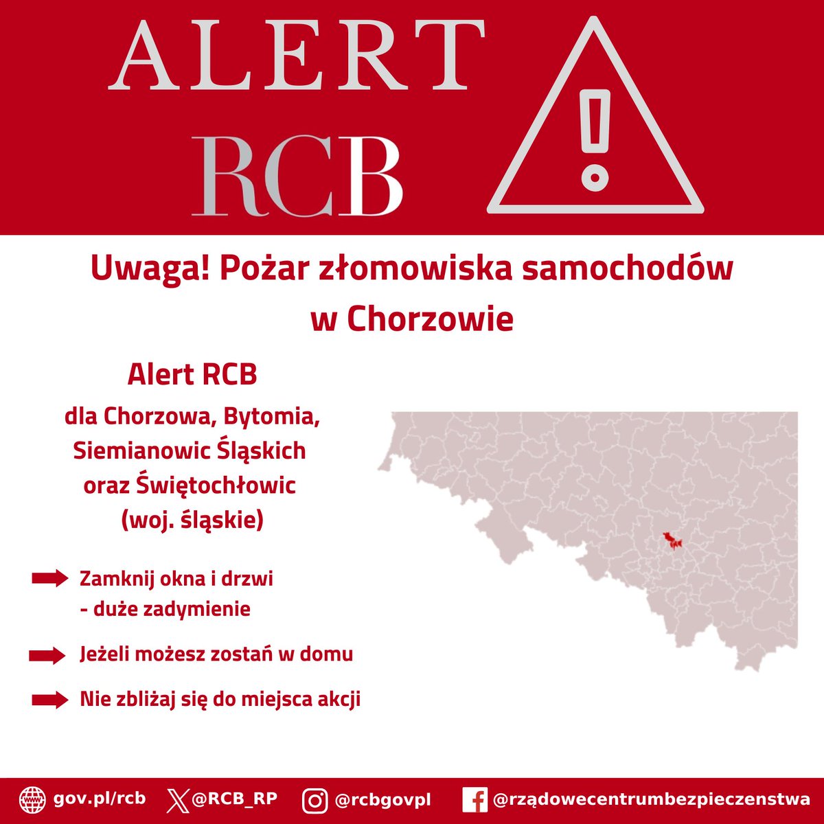 RCB_RP's tweet photo. ‼️Uwaga! Alert RCB‼️

"Uwaga! Pożar złomowiska samochodów w Chorzowie. Duże zadymienie. Zamknij okna i drzwi. Jeżeli możesz zostań w domu. Nie zbliżaj się do miejsca akcji."

Alert RCB został wysłany do odbiorców w części woj. śląskiego (Chorzów, Bytom, Siemianowice Śląskie oraz Świętochłowice).
