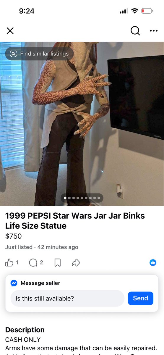 jtsmelly's tweet photo. Showing this 7 foot tall jar jar to my wife whispering “don’t be a bitch, don’t be a bitch” over and over https://t.co/INlQsdCs53