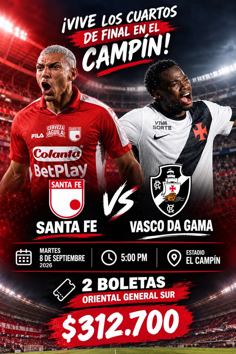 Natalia_0900's tweet photo. ¡2 BOLETAS DISPONIBLES!🚨

⚽️ Santa Fe🆚Vasco da Gama
🏟️ El Campín
📅 Martes 8 de septiembre 5PM
🎟️ Oriental General Sur

🔥 2 X $312.700
💰 Precio de taquillla

#SantaFe #VamosSantaFe #SantaFeVsVasco #VascoDaGama #ElCampín #CopaSudamericana #Boletas #Bogotá #IndependienteSantaFe https://t.co/GqE4ZE0igg