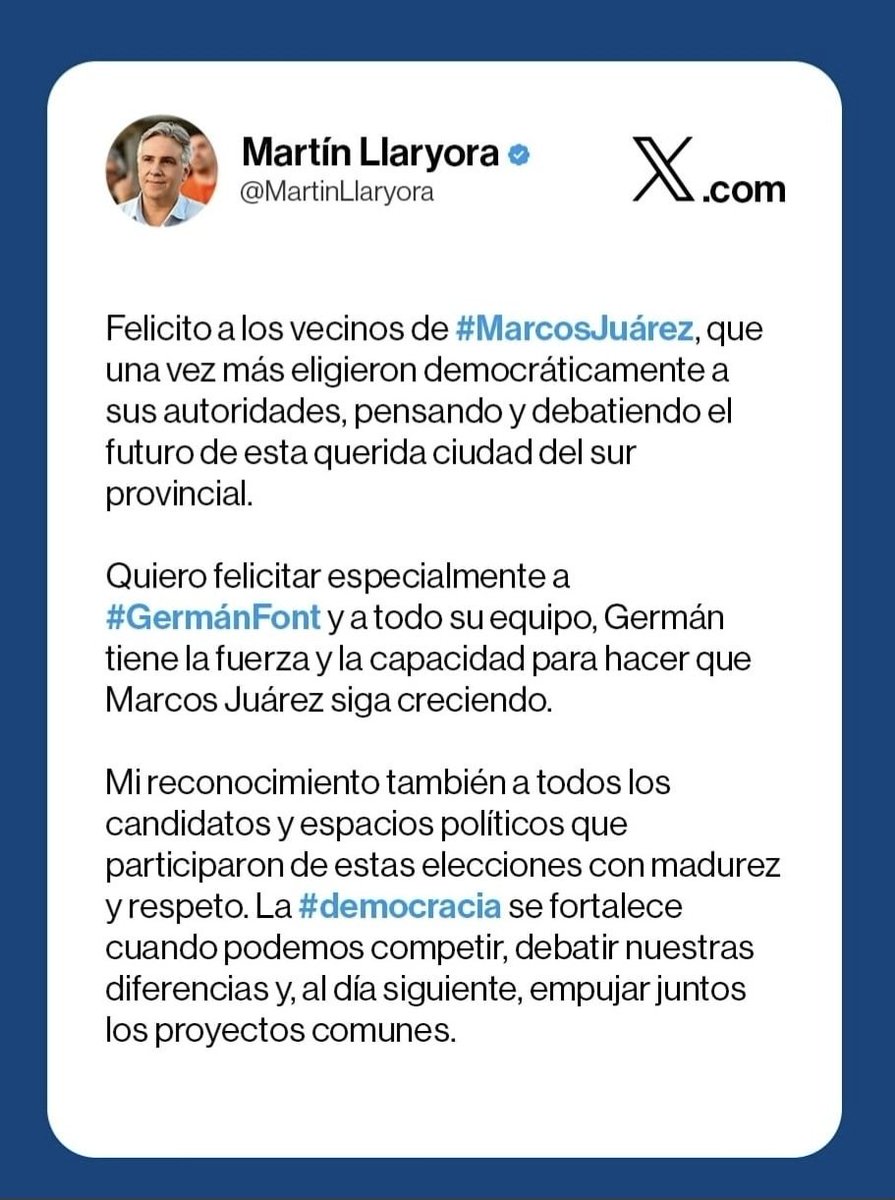 LLewylle's tweet photo. Felicitaciones @GermanFFont y Generación MJ por el triunfo en #MarcosJuárez .
Cuando se trabaja con responsabilidad y respeto por los vecinos, el resultado es inevitable.
Junto al Gobierno de la Provincia y el gobernador @MartinLlaryora, #MarcosJuárez va a recuperar su esplendor. https://t.co/7YGYwHBfBZ