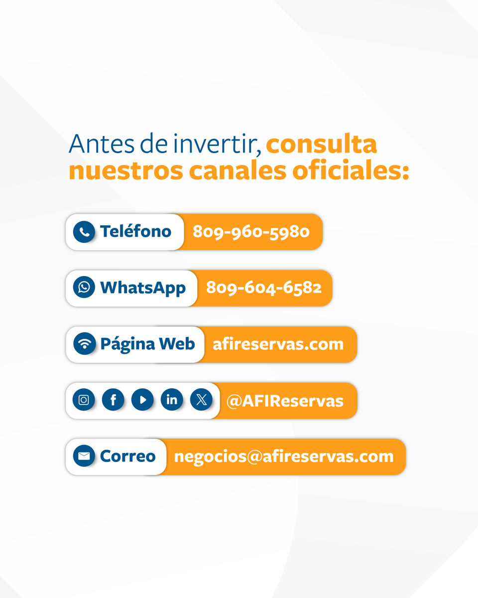 AfiReservas's tweet photo. Mantente informado y consulta siempre nuestros canales oficiales:

Teléfono: 809-960-5980
WhatsApp: 809-604-6582
Correo electrónico: negocios@afireservas.com
Página web: https://t.co/eCPL7Lo5Fm

#AFIReservas #FondodeInversion https://t.co/0pRaTPrpVT