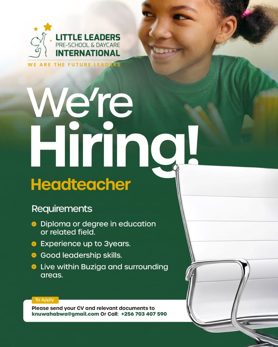 littleleadersin's tweet photo. Requirements
• Diploma or degree in education or related field.
• Experience up to years.
• Good leadership skills.
• Live within Buziga and surrounding areas.

To Apply;
Please send your CV and relevant documents to knuwahabwa@gmail.com Or Call: +256 703 407 590 https://t.co/feit3ArYXs