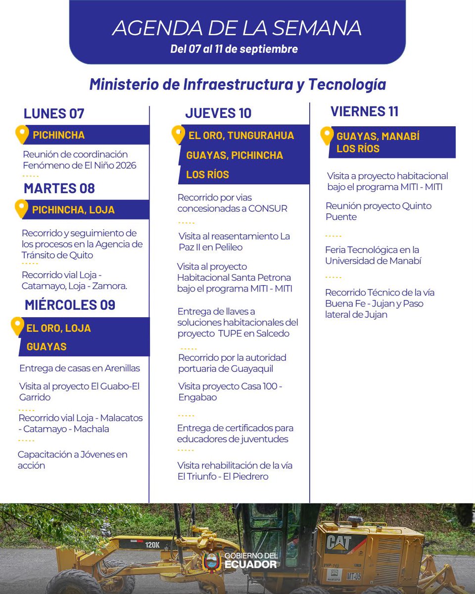 MIT_Ecuador's tweet photo. 🗓️ Una semana para avanzar en territorio.

Obras, vivienda y conectividad marcan nuestra agenda para seguir construyendo oportunidades en todo el Ecuador. 🇪🇨 https://t.co/06WegjwdtW