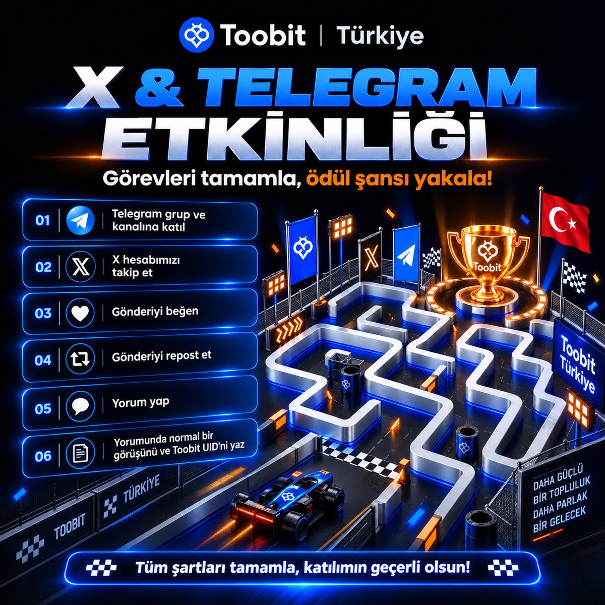 ToobitTR's tweet photo. 🏁 TOOBIT TÜRKİYE X & TELEGRAM ETKİNLİĞİ! 🎉

Topluluğumuza katıl, görevleri tamamla ve 10 USDT kazanma şansı yakala! 💙

🎁 Ödül Havuzu: 30 USDT
🏆 3 kişi × 10 USDT

Katılım için:

✅ Toobit Türkiye Telegram grubuna ve kanalına katıl
https://t.co/mpCFFsoR5l
https://t.co/l3HSo2XAA0
✅ X hesabımızı takip et
✅ Bu gönderiyi beğen ❤️
✅ Gönderiyi repost et 🔁
✅ Gönderiye konuyla ilgili normal ve anlamlı bir yorum yaz 💬
✅ Toobit UID’ni aynı yorumun içine ekle

📌 Örnek:
“Etkinlikler oldukça güzel, Toobit Türkiye topluluğunun büyümeye devam etmesini diliyorum! UID: XXXXXXXX”

⚠️ Tüm görevlerin eksiksiz tamamlanması zorunludur.

Bol şans! 🍀🔥

#Toobit #ToobitTürkiye #Crypto #Giveaway