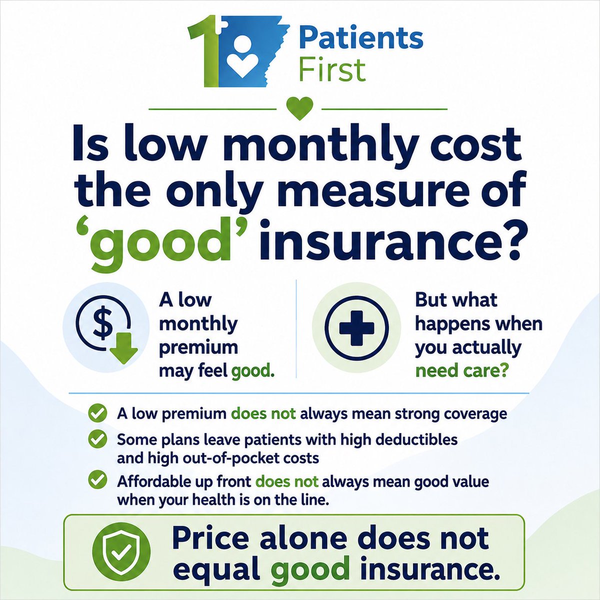 PatientsFirstAR's tweet photo. Is a low monthly premium the only measure of “good” insurance? Not at all. Some plans may look affordable at first, but still leave patients facing high deductibles, large out of pocket costs, and poor coverage when they actually need care. Price alone does not equal good insurance.

#PatientsFirstPAC #PatientsFirst #Arkansas #ArkansasHealthcare #HealthInsurance #AffordableCare #InsuranceCoverage #HealthcareCosts #PatientAdvocacy #PutPatientsFirst