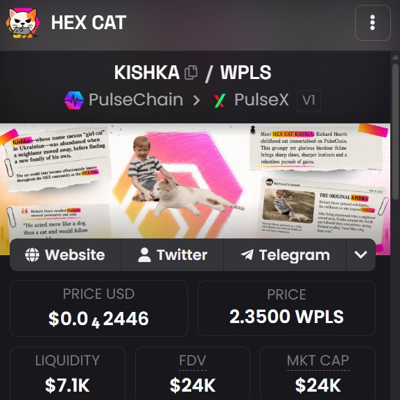 HEXCATKISHKA's tweet photo. @RichardHeartWin remember Kishka?

well, she’s a memecoin now. 😭

HEX CAT $KISHKA 

PulseChain’s very own Cash Cat, except it’s literally your childhood cat.

you know what to do.

0xA0AD1c79EdDDa5a9022a0A6976bEFC7300Bd6f72 https://t.co/xIYV8rBpql