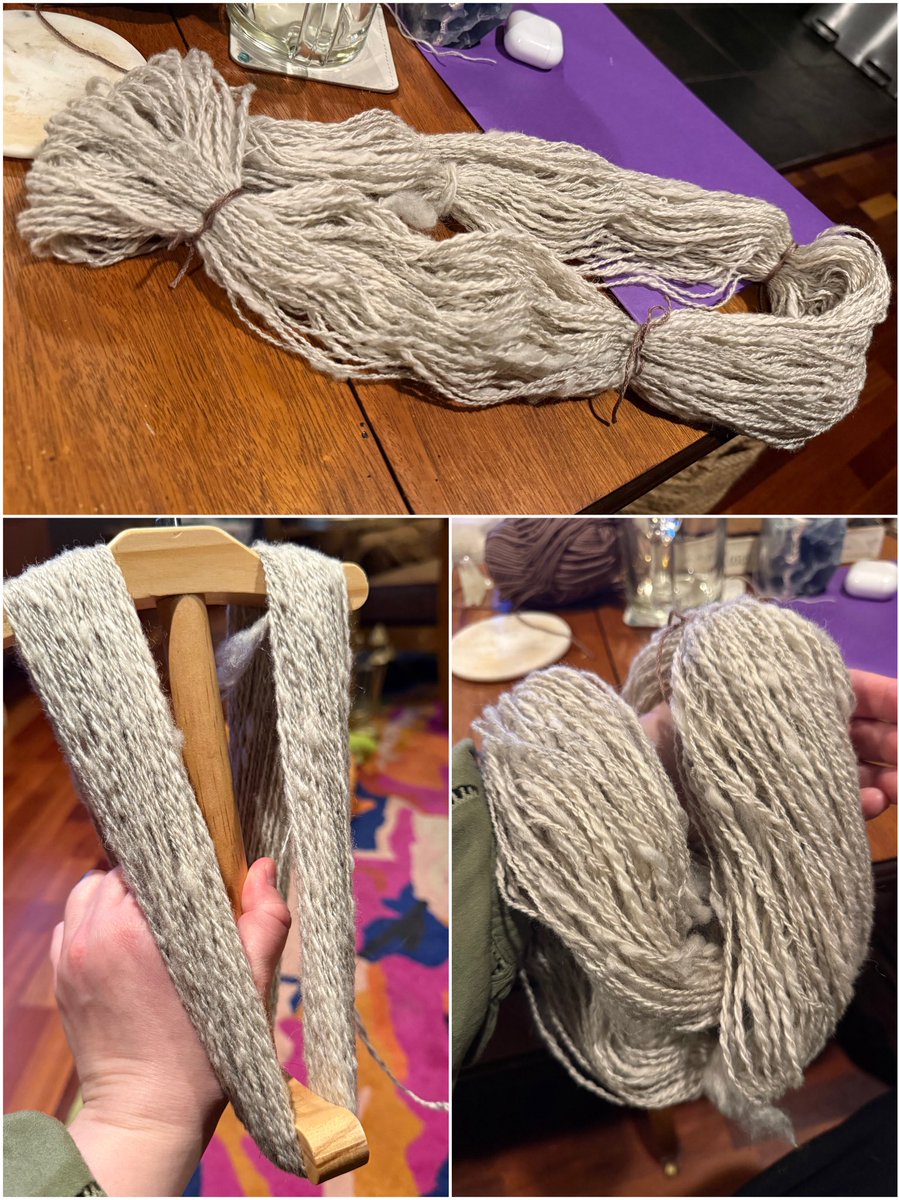 _OVERSUN's tweet photo. I have finished my second skein of icelandic that i started in january lol (fleece to skein). I had better luck brushing out the tog, though it’s still a bit slubby. 

Taking a break with some bamboo fiber!
#fiberart https://t.co/dOAVFlLM16