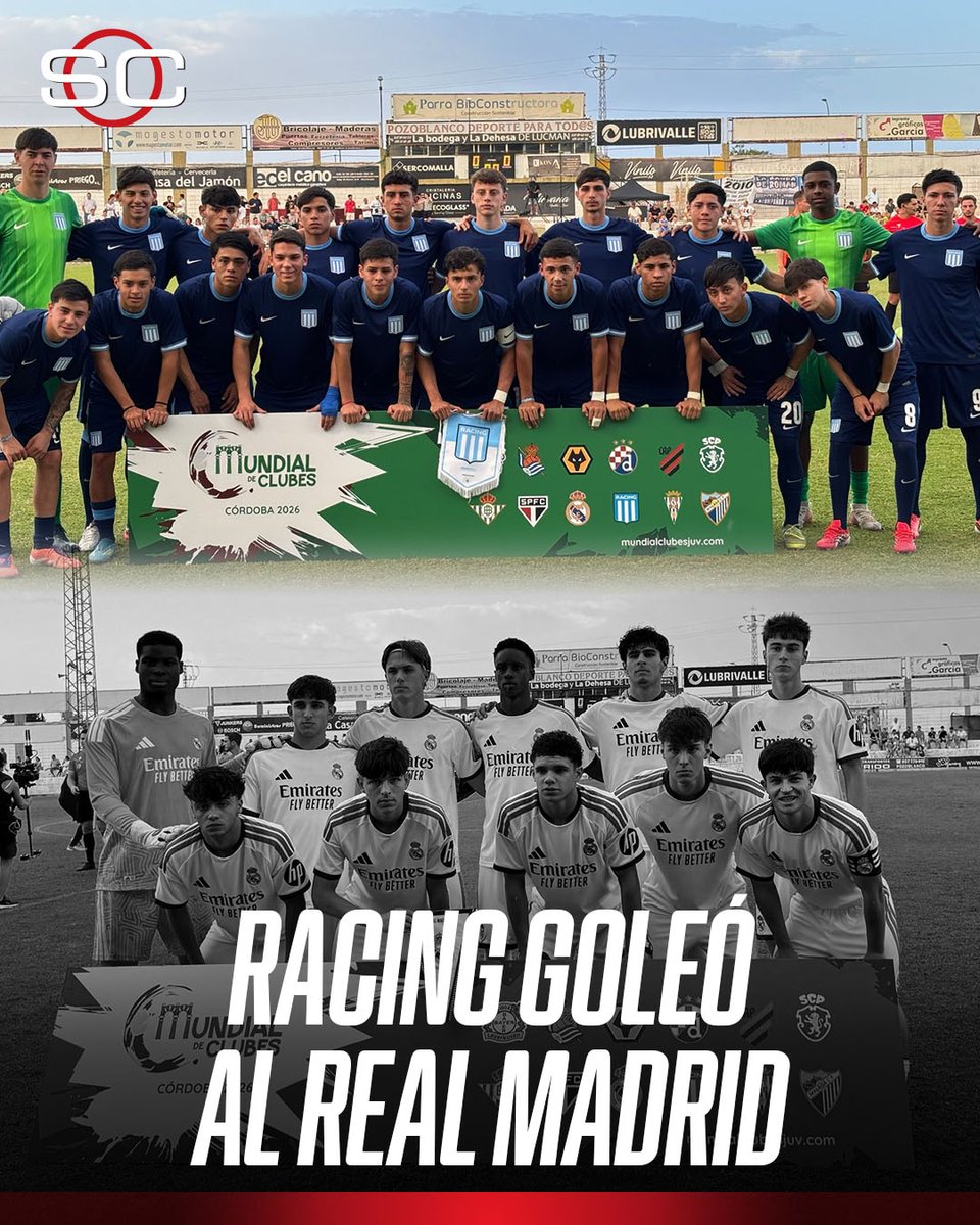SC_ESPN's tweet photo. 🎓 ¡¡RACING GOLEÓ AL REAL MADRID Y CLASIFICÓ A LA FINAL DEL MUNDIAL DE CLUBES SUB-18!!

🔥 La Academia venció 3-0 al Merengue, en Córdoba (España), y jugará la gran definición del certamen ante Athletico Paranaense

⚽ GOLES de Román González, Lucas Álvarez y Sebastián Elosú

📌 El equipo de Sebastián Belisonzi va por la REVANCHA, luego de perder la final del torneo en 2025 ante Barcelona