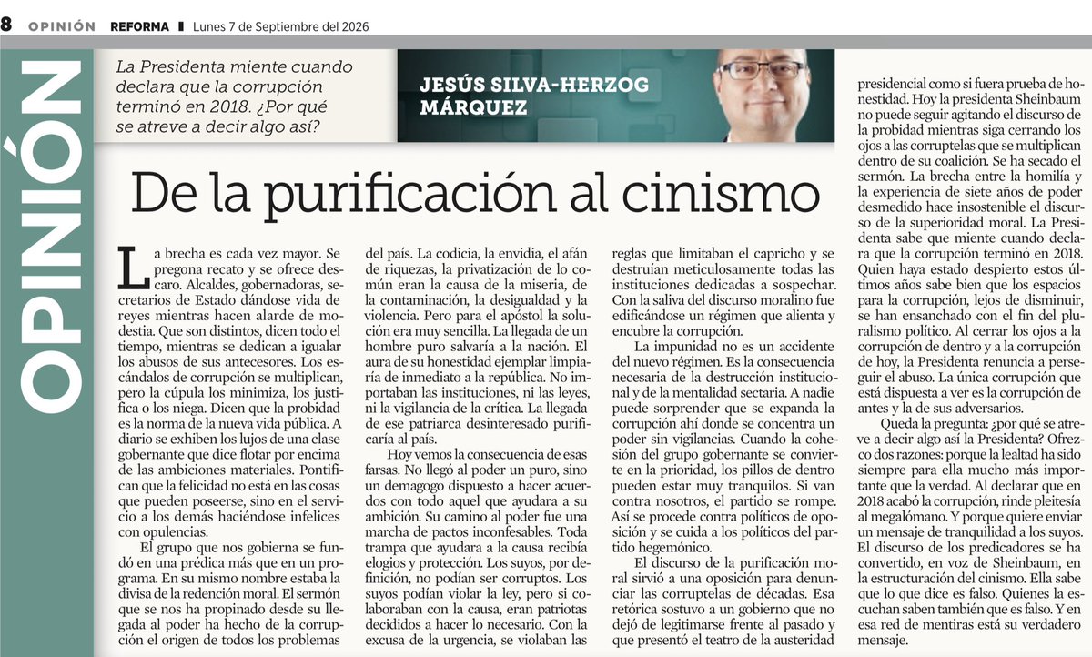 JLozanoA's tweet photo. 🚨Lean a @jshm00 en @Reforma. Es durísimo pero realista. 

La presidente Sheinbaum miente a diario. Su falsedad es compulsiva y conveniente. La gran diferencia con el pasado reciente es que, hoy, cada vez menos gente le cree. Los datos no corresponden con la realidad. https://t.co/vByseFMeZu