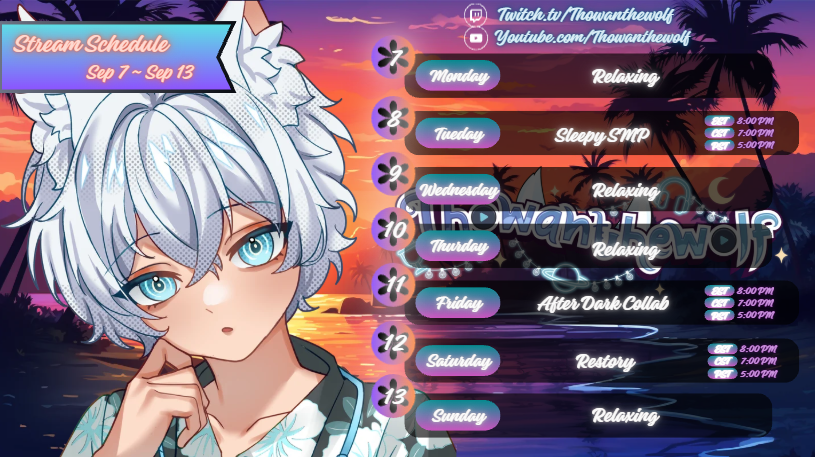 Thowan101's tweet photo. 🎵 WEEKLY SCHEDULE 🎵

📅 Sept 7–13

#VTuber #Twitch #Lofi #Gaming https://t.co/b5duuI18bU