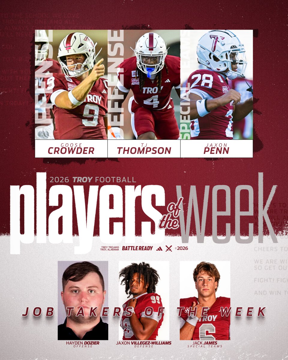 TroyTrojansFB's tweet photo. 𝙋𝙇𝘼𝙔𝙀𝙍𝙎 𝙊𝙁 𝙏𝙃𝙀 𝙒𝙀𝙀𝙆

Congrats to the guys who paved the way to victory No. ☝️ https://t.co/ybqCBE4ryg
