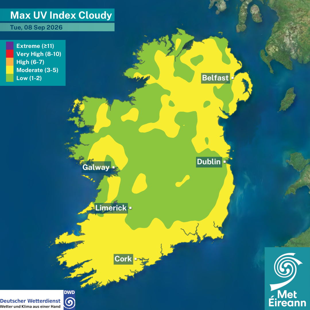 MetEireann's tweet photo. #UV Index for Tuesday, 08th of September  

▶️ Moderate under clear skies 
▶️ Low to moderate under cloudy skies  

Remember to be #sunsmart and protect your skin and eyes from the sun, even on cloudy days 🕶️🧴🧢 

ℹ️ https://t.co/HPryW0cMDo https://t.co/S3tcllkoir