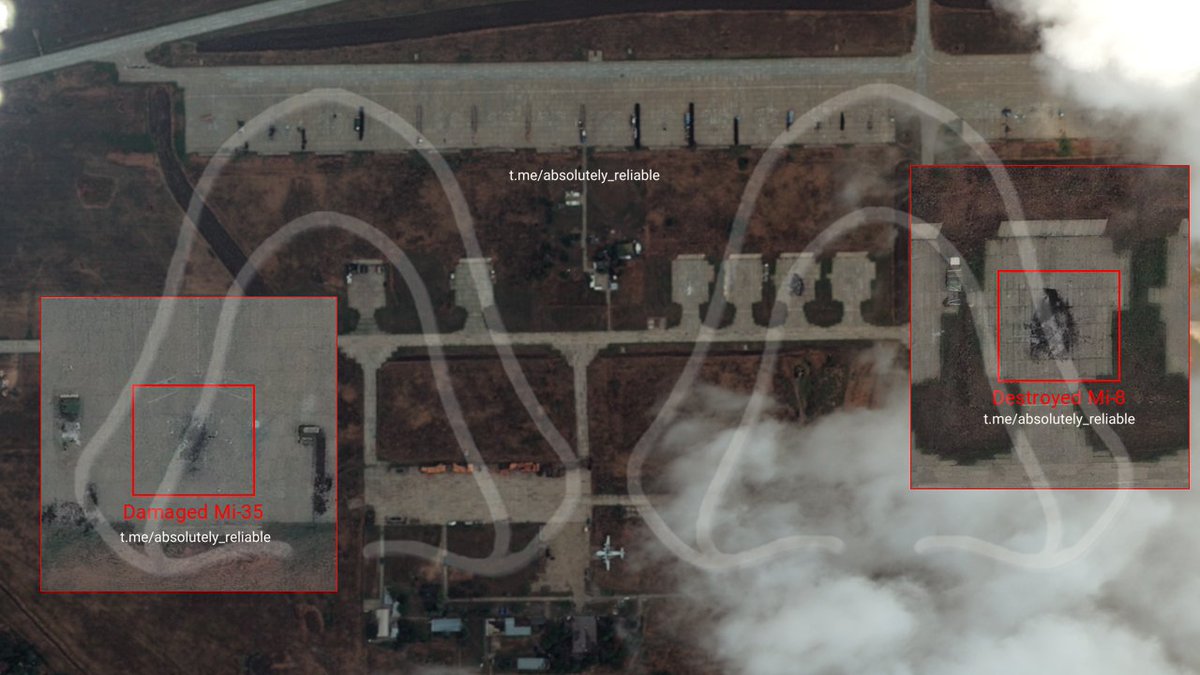 absreliable's tweet photo. "Taganrog-Central" Airfield (Rostov region, Russia).

On the night of September 7, 2026, the Ukrainian Defense Forces struck the airfield. BDA results:
▪️ 1x Mi-8 helicopter destroyed.
▪️ 1x Mi-35 helicopter (export modification of the Mi-24) damaged.
#russianaviation #helicopter https://t.co/83ems2XWRX