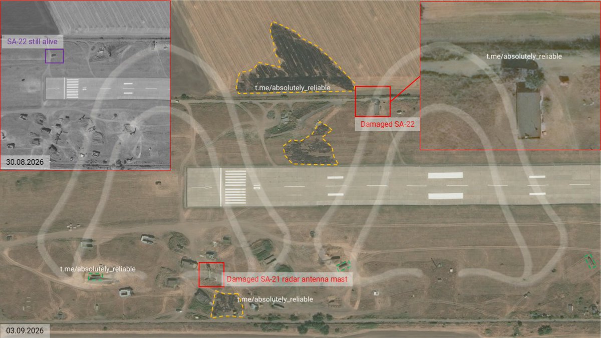 absreliable's tweet photo. "Taganrog-South" Airfield (Rostov region, Russia).

On the night of September 2, 2026, strikes damaged local air defense assets:
▪️ SA-22 air defense system.
▪️ SA-21 SAM radar antenna mast. https://t.co/wXPjbO9r0y