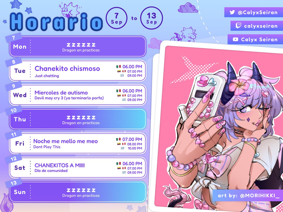 CalyxSeiran's tweet photo. ✨ HORARIO SEMANAL ☁️
-----------
Semanita del dragon con fin de semana de comunidad muhehehehe 

Oshi mark: 🐲☁️ 
Arte: #Calleryx
Memes: #CalyXD