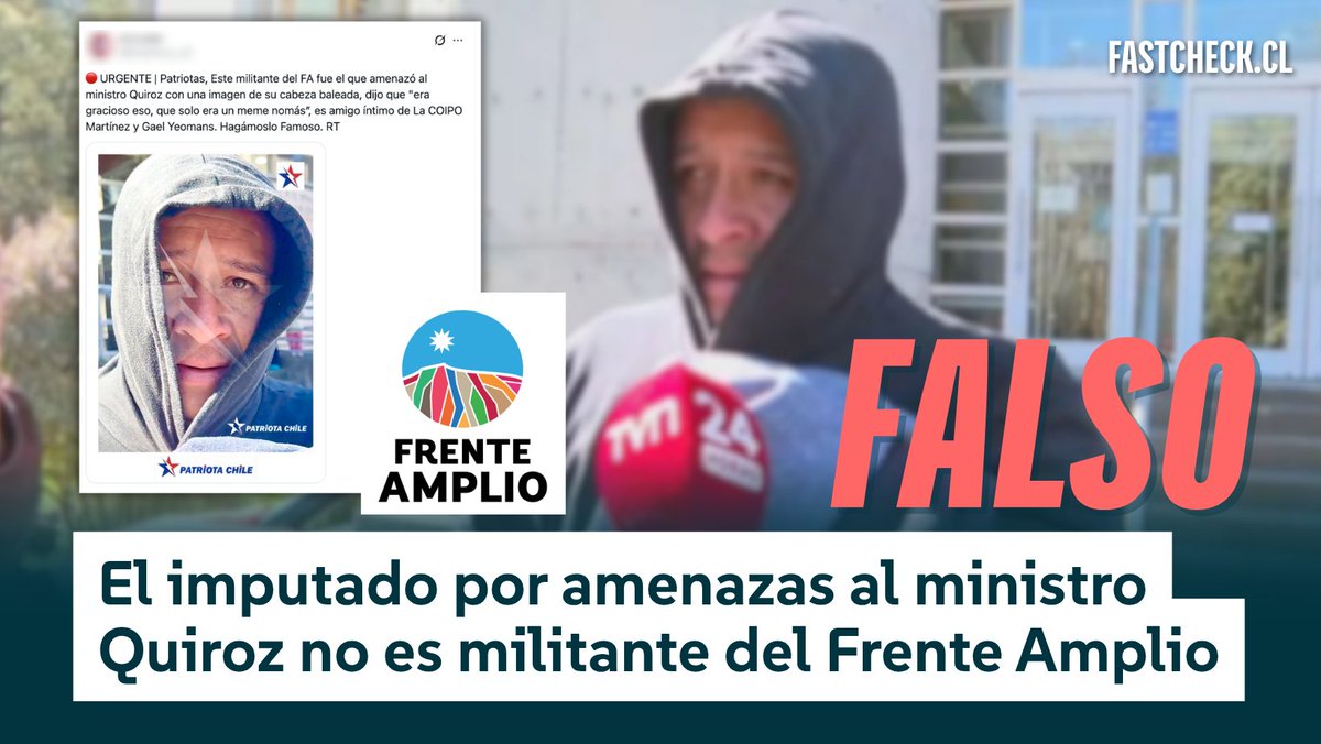 fastcheckcl's tweet photo. 🔎 #FactChecking | Circula en X que el imputado por amenazas en redes sociales al ministro Jorge Quiroz es militante del Frente Amplio… esto es ❌#Falso

No te quedes solo con esta bajada 👇
https://t.co/fggvSNIbP1 https://t.co/g0xBDxrVzi