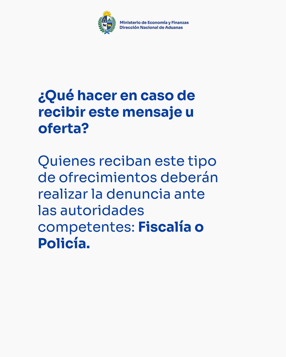 AduanaURU's tweet photo. La Dirección Nacional de Aduanas advierte a la población sobre nuevos intentos de estafa en los que personas se hacen pasar por funcionarios de la institución para ofrecer la venta de mercadería supuestamente “incautada por infracción aduanera”. https://t.co/U2fTJG6Zqe https://t.co/UCVYUGBd6z