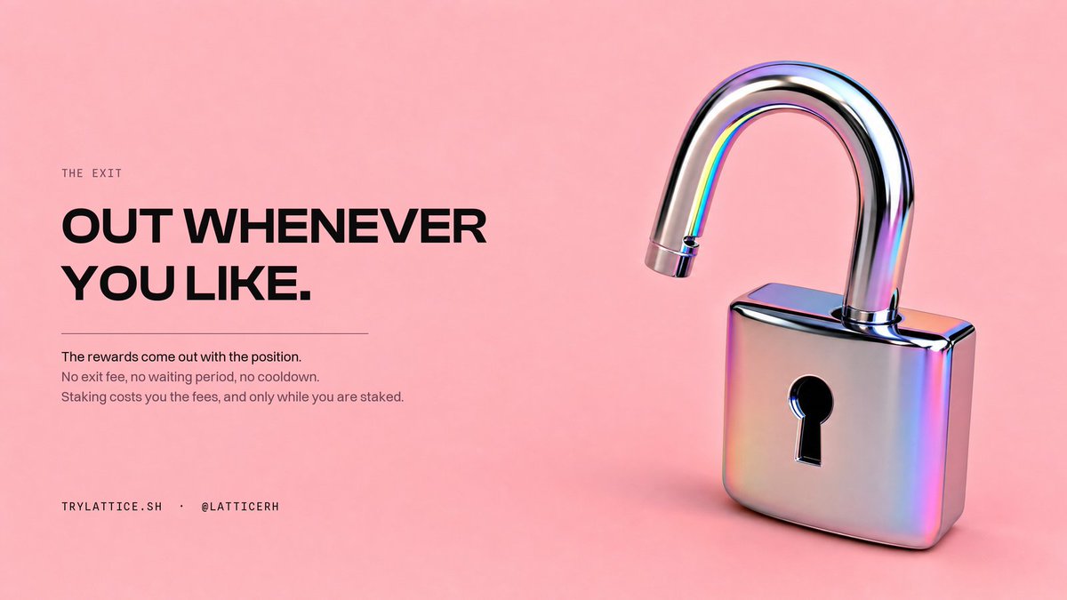 LatticeRH's tweet photo. Withdraw whenever you like, and the rewards come out with the position.

No exit fee, no waiting period, no cooldown. The only thing staking costs you is the fees, and only while you are staked. https://t.co/DDDw0w8lqO