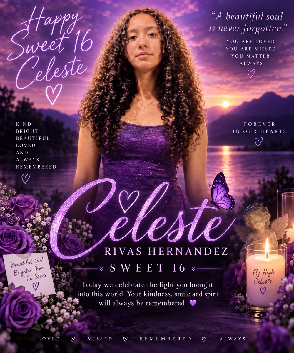 marktheshark943's tweet photo. 💜 Today would have been Celeste Rivas Hernandez’s Sweet 16.

A beautiful young soul who deserved so many more birthdays, memories, and moments. Today, we remember her with love and keep her memory alive. 🦋💜

Happy Sweet 16, Celeste. Forever remembered. 🕊️ #celesterivas https://t.co/Zin3pIePIa