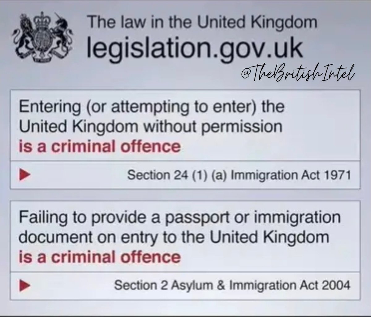 TheBritishIntel's tweet photo. The law is already there. It just isn't being enforced.

A reminder for Andy Burnham and the rest of his government: entering the UK without permission is already a criminal offence under Section 24(1)(a) of the Immigration Act 1971.

Failing to produce a passport or immigration document on entry is also already a criminal offence, under Section 2 of the Asylum and Immigration Act 2004.

The laws exist. Nobody in power seems willing to actually enforce it.