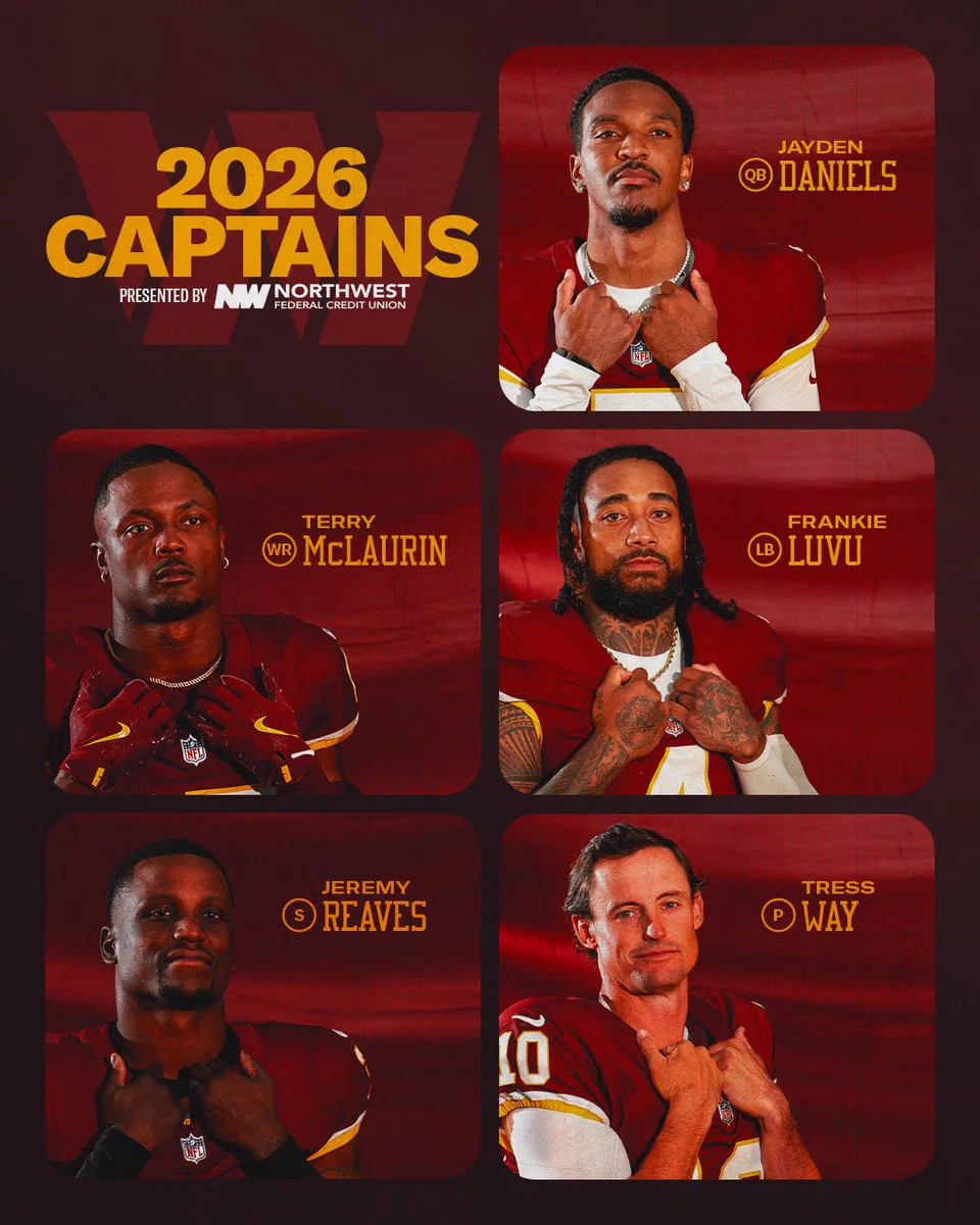 2026 captains announcement: Jayden Daniels, Terry McLaurin, Frankie Luvu, Jeremy Reaves and Tress Way.