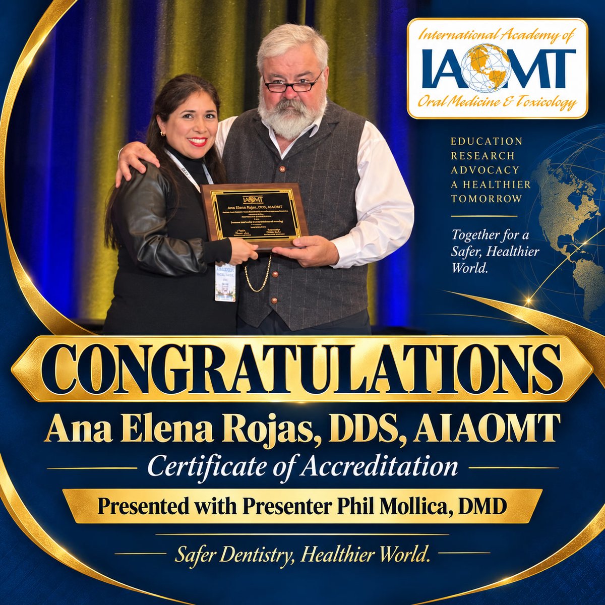 IAOMT's tweet photo. Congrats Ana Elena Rojas, DDS, AIAOMT — IAOMT Certificate of Accreditation!
Presented with Phil Mollica, DMD.
Safer Dentistry, Healthier World.
https://t.co/ALbCcCyCz0 https://t.co/rJS62FplJi