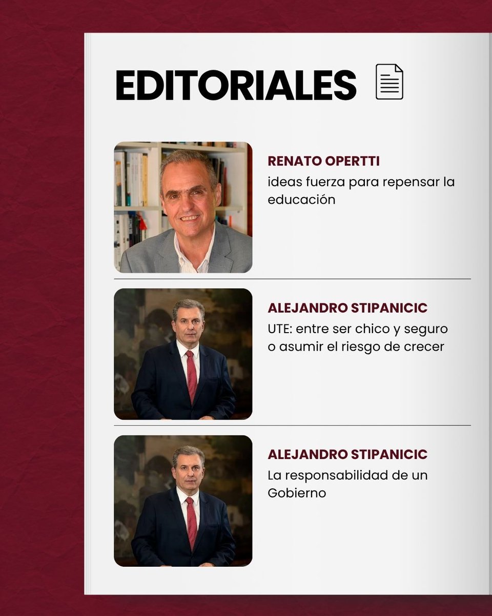 CEPP_UY's tweet photo. 📝 EDITORIALES

Durante agosto publicamos tres nuevos aportes:

📚 Renato Opertti | Ideas fuerza para repensar la educación. (@OperttiRenato) 

⚡ Alejandro Stipanicic | UTE: entre ser chico y seguro o asumir el riesgo de crecer. (@a_stipanicic) 

🏛️ Alejandro Stipanicic | La responsabilidad de un Gobierno. (@a_stipanicic) 

https://t.co/X04hvUdseG