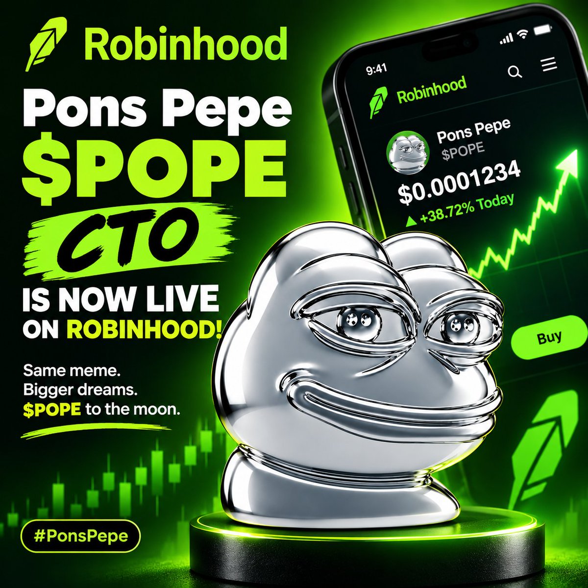 Pons_Pepe_'s tweet photo. 🚀 Pons Pepe $POPE is now live on Robinhood!

The CTO era has officially begun. 🐸⚡
Same meme. New chapter. Bigger community.
$POPE to the moon. 🌕🚀

#PonsPepe #POPE #CTO #Robinhood #Pepe #Crypto https://t.co/d8aT3aYuZb