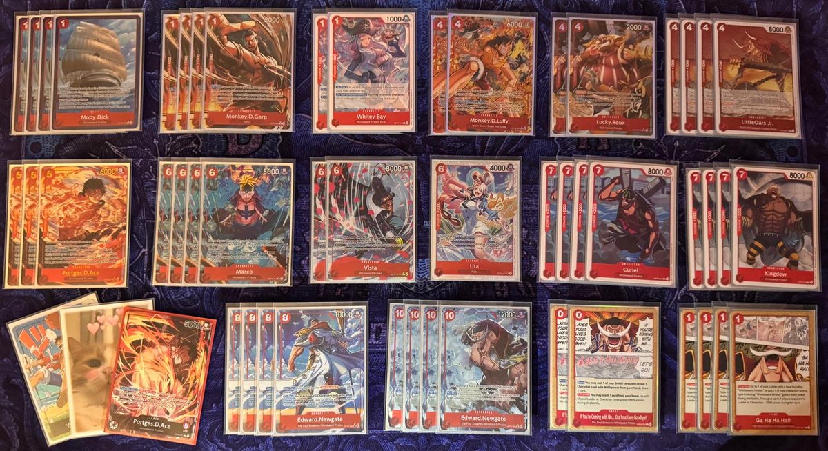 SkipTCG's tweet photo. This is the Ace list @JustinTuellmann and me cooked up for finals and both piloted to Top 8 in our pods of Flame Flame Fruit Colosseum with 7-1 scores respectively. 🔥

Let's discuss our "oddities":

• Playset Gu Ra Ra Ra - this card is unconditional "I Love You" and we have been shocked for weeks that most Ace lists have been running it at 0-2 copies, the card is completely broken.  It improves the odd curve by a huge margin and enables defensive lines in the mid-game that allow us to retain higher hand size and life count before transitioning into our 10c turns. Additionally it makes us borderline unkillable once our opponent deploys a 10k body and we can play 10c for 6 while keeping up Don for (potentially multiple) Gu Ra Ra Ra.

• Whitey Bay - this card performed incredibly well over the weekend. While Namule and Rakuyo can perform a similar job while being 2ks, Whitey Bay technically doesn't lose a card from hand while doing so as we can later still use her as a 1k counter. The card has a number of concrete uses:
- good against Mihawk, Enel and Elbaph decks
- good against 3c Yamato and Gloriosa (which come up in our more difficult matchups) and any random chump blockers like 2c Ushimaru
- helps with playing around 4c discard Law

• Lucky Roux - this card is simply a consistency glue piece for the deck, it doesn't target any specific spot but is helpful with defensive stabilization and finding our important curve pieces (6c, 8c, 10c). Discarding useless copies of our top end or 4c Luffy is also effectively like drawing 2 cards for free as the brick would have been dead in our hand for the rest of the game anyways. Generating card advantage like this is something that is rather hard to come by in red decks. It can also be played in conjunction with 10c Newgate when its reduced.

• 4c Luffy at 2 - the card is good but a bit overrated in our opinion. It is great on curve against the Elbaph decks but those matchups are favored anyways and other than that its honestly hard to find a matchup where I really want to see it on curve. Its completely useless against Enel and gets rested and swung into versus Mihawk. Its also dead in hand in the late game and in contrast to our 8k bricks cannot be turned into counter via 5c Ace. At 2 we felt like we saw it consistently enough when we wanted to. If you add 7c Zoro to the list it is also wise to increase Luffy count as they synergize and can make us 9k leader.

After the amazing run on friday we gave it another shot at Finals. I unfortunately went 6-4, losing to what I think was a misplay in R2 paired with some unfortunate variance throughout the whole day. Justin ended 7-3 with a similar fate.

I do think the list can still be improved upon and the addition of the new promo 6c Ace could positively impact some matchups.
Vista was honestly kind of useless but we do need a critical mass of 8k characters to supply our effects.

Have fun trying the list and let us know how it's going! 😊
