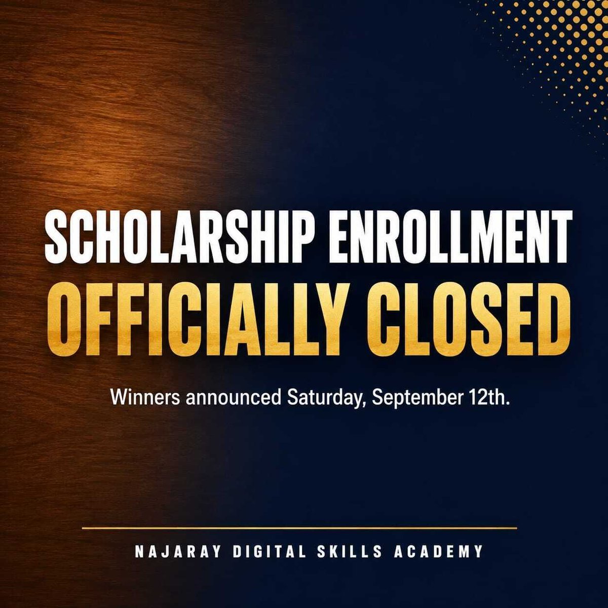 NajarayDigital's tweet photo. Scholarship enrollment is closed!

Winners will be announced Sept. 12

Missed it? You can still join our next cohort starting Sept. 26th

Regular class fee: ₦50,000

#NDSA https://t.co/6j10YVmXQC