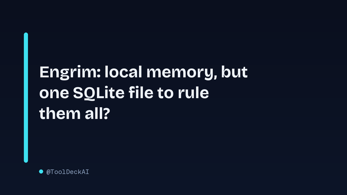 ToolDeckAI's tweet photo. Engrim's local-first SQLite memory engine looks neat for CLIs. But with every model writing to the same file, who owns the schema when two agents disagree? A single SQLite file is a single point of contention.
#AI #Engrim #SQLite #AIagents #ToolDeckAI https://t.co/gXCco25DXH