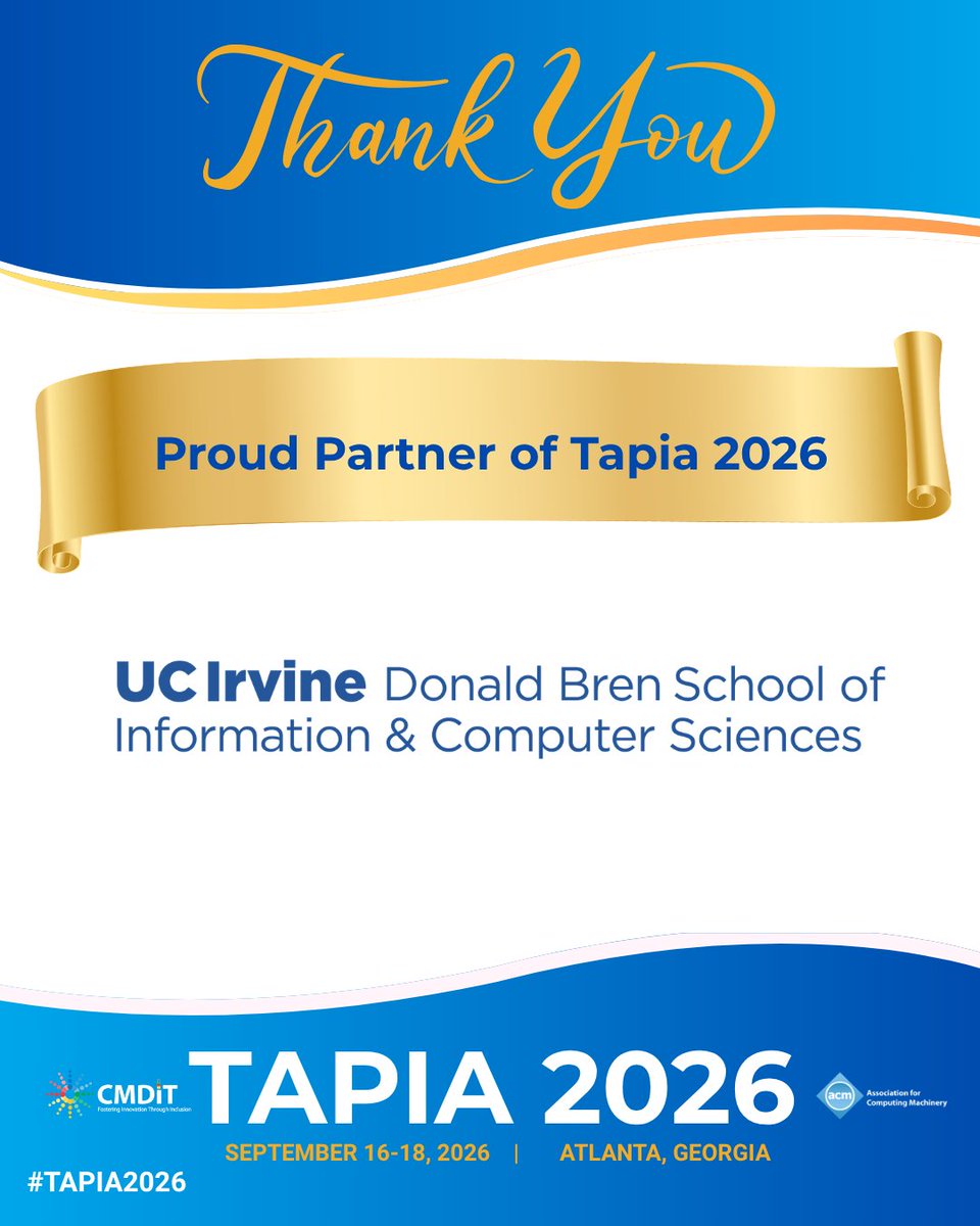 cmdit's tweet photo. A big thank you to our TAPIA 2026 Partner, UC Irvine School of ICS! 🎉

We appreciate UC Irvine School of ICS's support of TAPIA 2026.

We can’t wait to see you at TAPIA 2026! Register today! 🎉
https://t.co/EFhpoT6vAd 

#Tapia2026 #CMDIT #UCIrvineSchoolofICSg @UC Irvine https://t.co/zhksgz1qZe