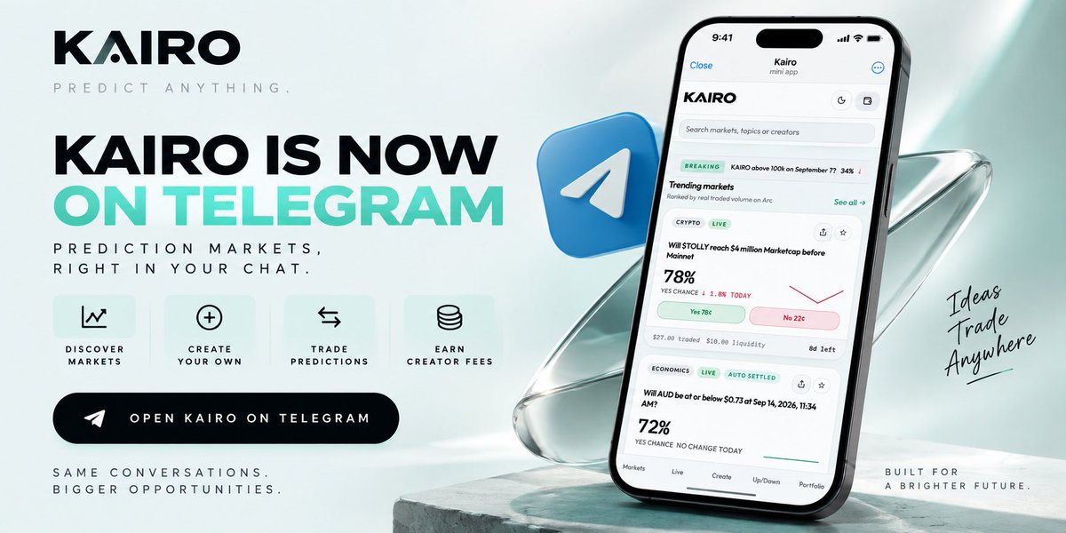 kairo_market's tweet photo. KAIRO IS NOW LIVE ON TELEGRAM MINI APPS 📱

Prediction markets just got even easier.

You can now access KAIRO directly inside Telegram as a Mini App.

→ Discover markets
→ Trade predictions
→ Create your own markets
→ Earn 0.25% creator fees

All from your own pocket! 

Telegram → KAIRO → Predict anything.

We ship fast but this is just the beginning. 🫶👀 @circle @arc