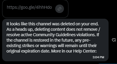willxlive's tweet photo. @TeamYouTube  Care to explain ??? . I did NOT delete my channel  YouTube terminated it on Aug 17.

YouTube then issued a FIRST WARNING for the same violation on Aug 24, explicitly stating there was no impact on my channel.

Now I'm being told the channel was “deleted on my end.” How is that possible? Please review the enforcement history and explain what happened...