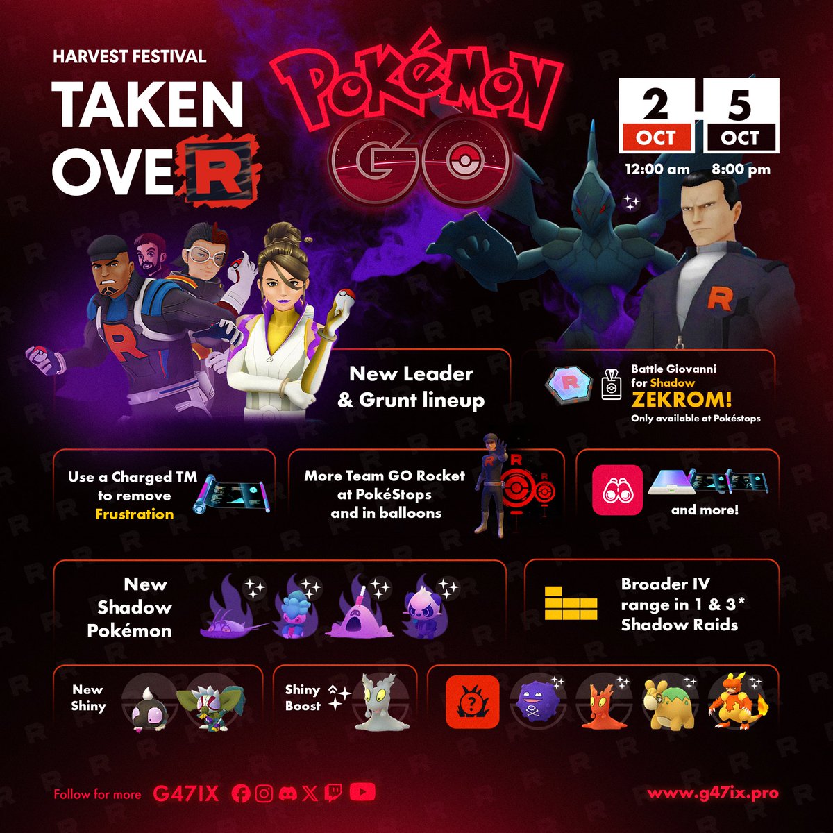 g47ix's tweet photo. Harvest Festival: Taken Over
⚡ Save Shadow Zekrom from Giovanni!
✨ Shiny Shroodle makes its Pokémon GO debut
🔥 Increased chance to encounter Shiny Slugma

New Shadow Pokémon:
 Shadow Pancham
 Shadow Wimpod
 Shadow Fomantis
 Shadow Sandygast
…and more!
#PokemonGO https://t.co/Z0zZYf0bn1