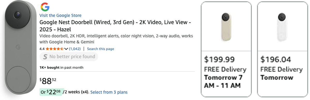 Pricerrors's tweet photo. $200 GOOGLE DOORBELL FOR $90

Amazon Resale just listed this Google Nest Doorbell for just $88

https://t.co/WstZKUTze9 #ad

Listed as used, but these often arrive brand new

Brand-new condition is being sold for $200 https://t.co/EIdwZAyBPP