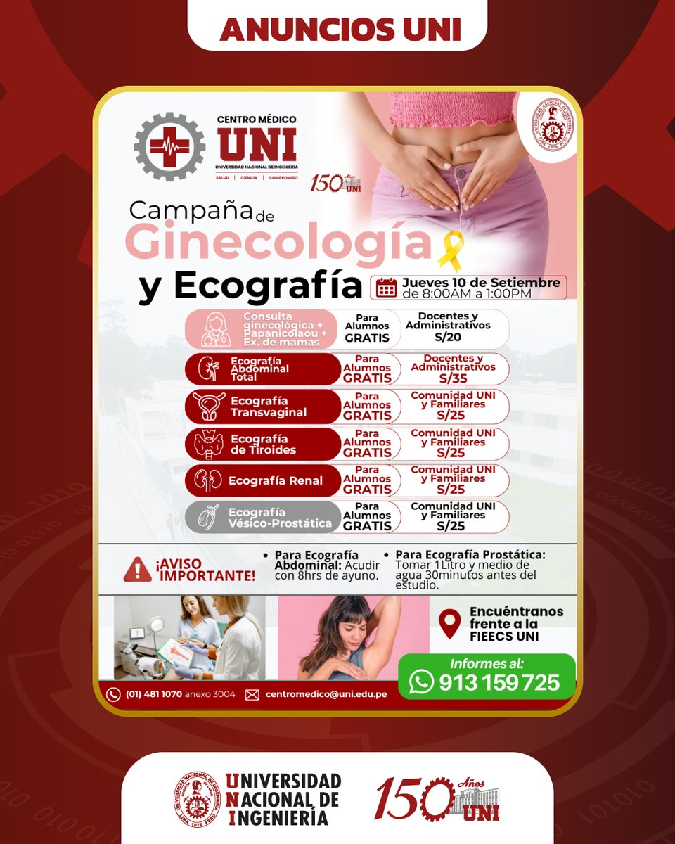 UNIoficial's tweet photo. 💛 #AnunciosUNI | Tu salud también importa

Este 10 de setiembre, acompáñanos en la Feria de la Salud del Centro Médico UNI.

📅 Jueves 10 de setiembre
🕗 8:00 a. m. – 1:00 p. m.
🎓 Estudiantes UNI: atención gratuita
📲 Informes: 913 159 725

🌟Tu salud importa. Tú importas. https://t.co/eOngR6eaoB