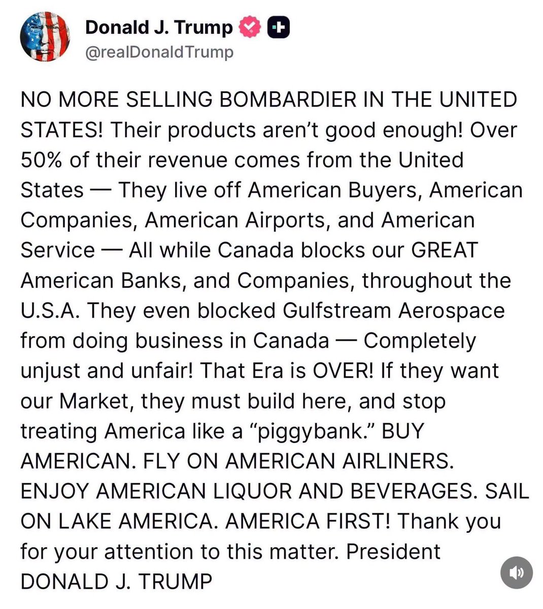 ShadoeDavis's tweet photo. This is not accidental or a whim. 
This is a calculated move.
Donald Trump just sent a massive shot across the bow to a Quebec based company that’s been bailed out over 50 times by taxpayers since 1966.
He knows this company has been a liability and a sore spot for Canadians outside Quebec for decades. This move will force another massive government bail out and anger English Canada at the same time. He is turning the provinces against each other & the federal government and it’s a brilliant move. 
The #ElbowsUp group needs to start understanding that fighting the US is a no win scenario. 
Canada needs access to that huge market for survival.