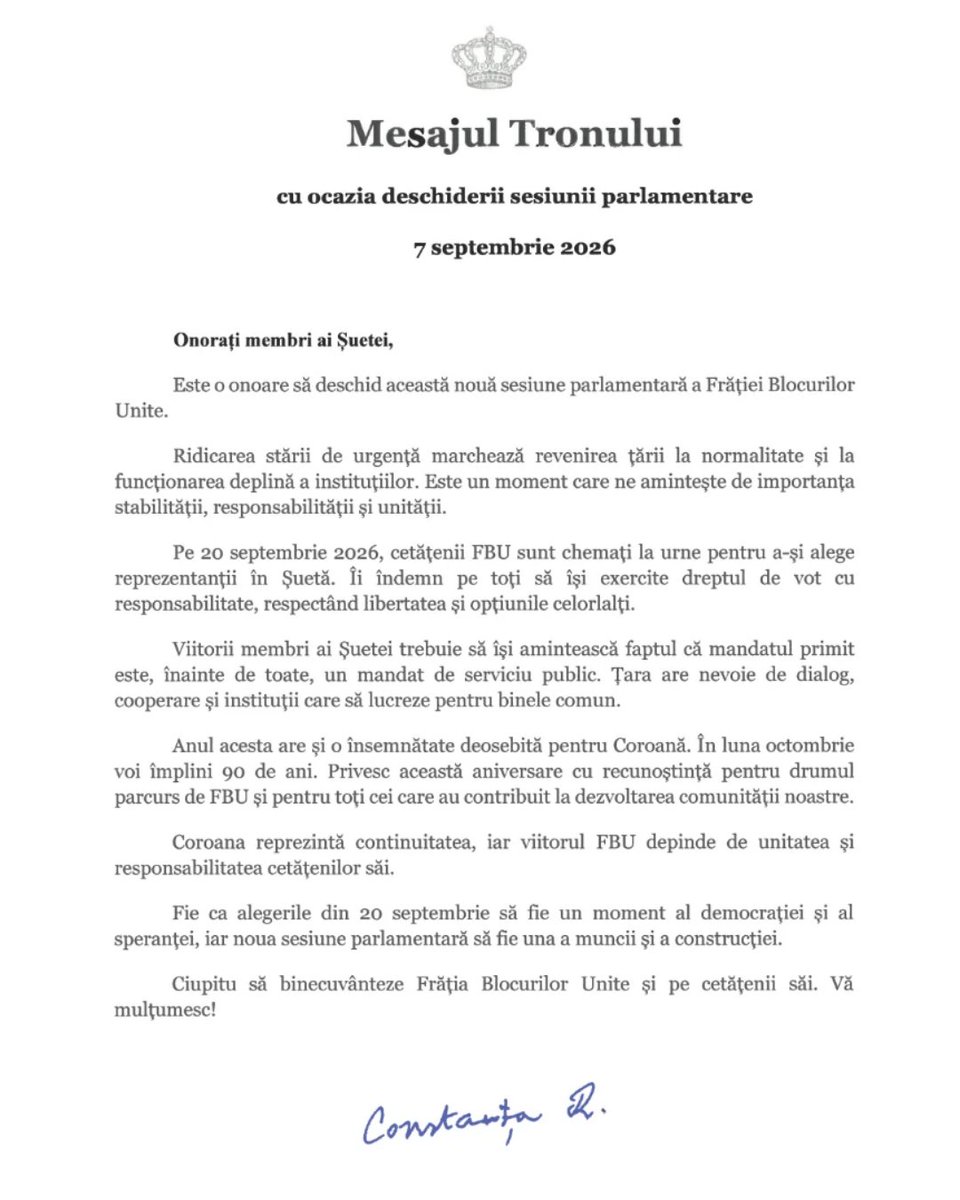 FBUgov's tweet photo. Today, 7 September 2026, Queen Constanța I opened a new session of the Șuetă, the Parliament of the Brotherhood of the United Blocks, highlighting the importance of stability, unity, and public service, as well as the upcoming elections on 20 September 2026. https://t.co/30MY2tgphf