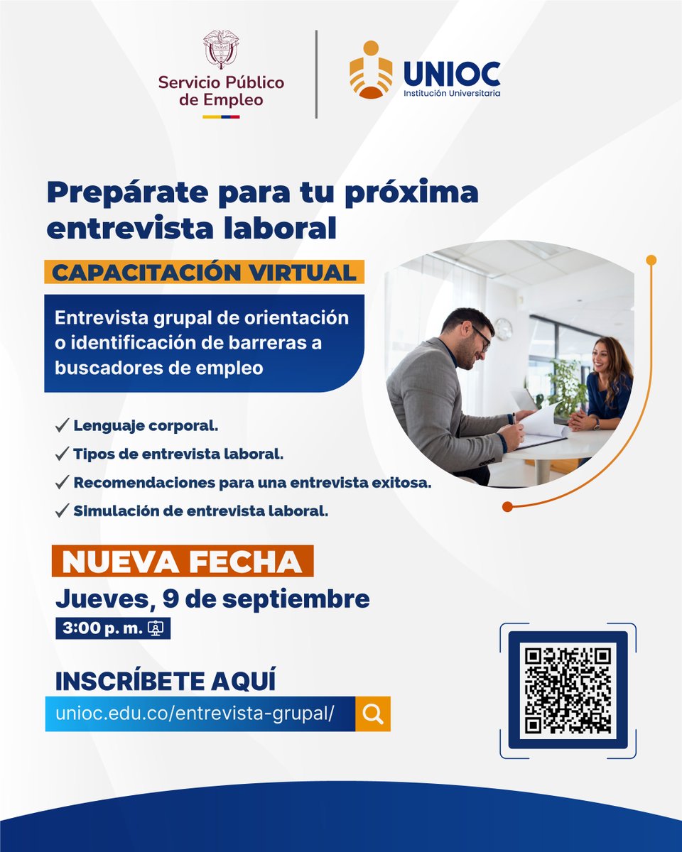 UNIOC_OFICIAL's tweet photo. 💼 Llega con más seguridad a tu próxima entrevista.

Si eres estudiante o egresado de la UNIOC, prepárate para tu próxima oportunidad laboral y aprende a fortalecer tu lenguaje corporal, responder mejor y evitar errores comunes. 

🔗 Inscríbete ahora: https://t.co/Ok5M48k4os https://t.co/UsajvL2sN4