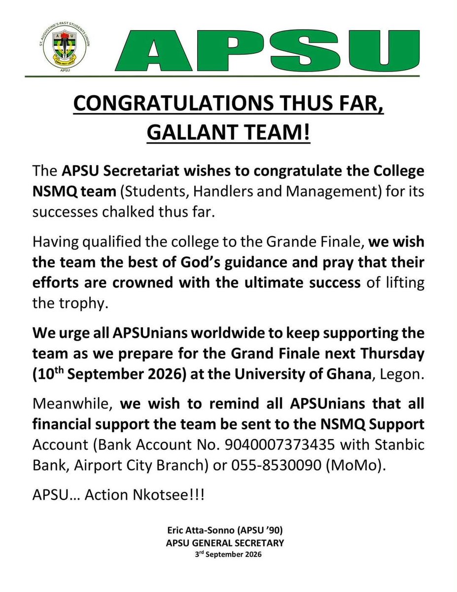apsu_2002's tweet photo. We are behind you. 
#StAugustinesCollege
#APSU 
#NSMQ
#CapeCoast https://t.co/8hk5eTBAzE