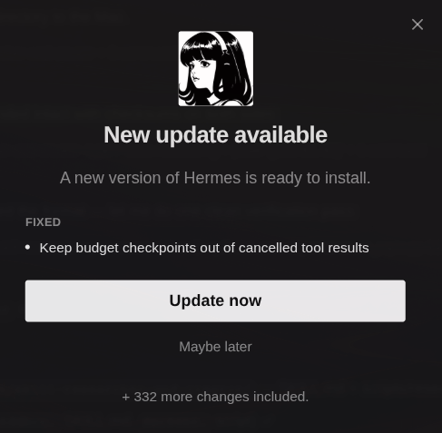 HermesFleet's tweet photo. Hermes Desktop updates are getting completely out of hand 😂

We updated LAST NIGHT.

Opened it this morning:

+332 more changes included.

THREE. HUNDRED. THIRTY. TWO.

At this point “Update now” isn’t a button.

It’s a lifestyle. https://t.co/oKYfe7W2cO