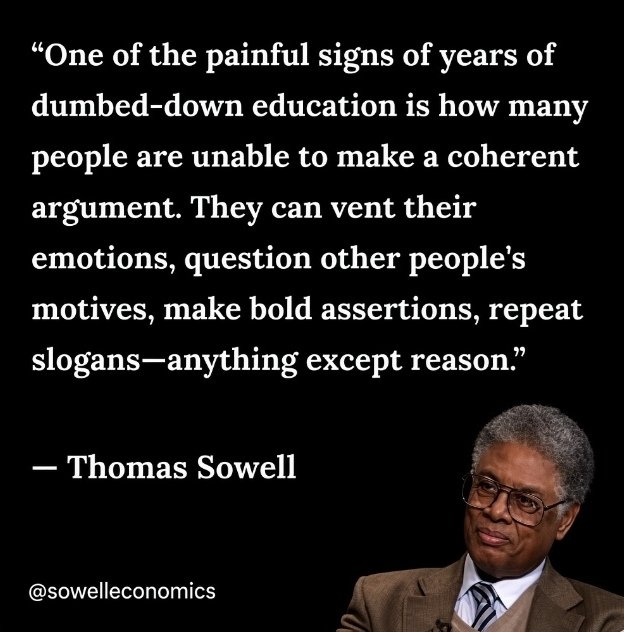 sowelleconomics's tweet photo. One of the painful signs of years of dumbed-down education is how many people are unable to make a coherent argument. They can vent their emotions, question other people's motives, make bold assertions, repeat slogans - anything except reason.

- Thomas Sowell https://t.co/pUyfFwO5iN